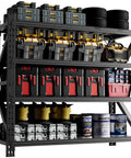 Rock Solid Four Tier Heavy Duty Garage Storage Shelves With 5000 Lb Capacity adjustable steel utility rack storing tools and supplies.