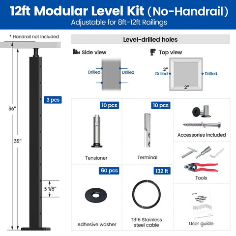 12ft Modular Level Kit for Decks and Patios, 36 inch posts with tensioners, terminals, and adhesive washers included.