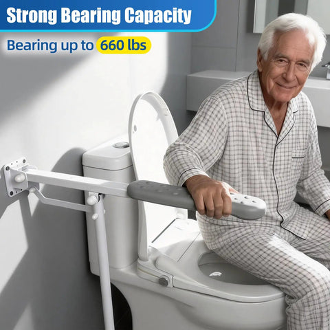 Heavy Duty Flip Up Toilet Grab Bar With Adjustable Length And Height Hella Stable Bathroom Safety Rail For Seniors Support Leg 660 Lb Capacity Anti Slip Handicap Handrail Built Like A Tank Grip mounted beside a toilet, providing support.