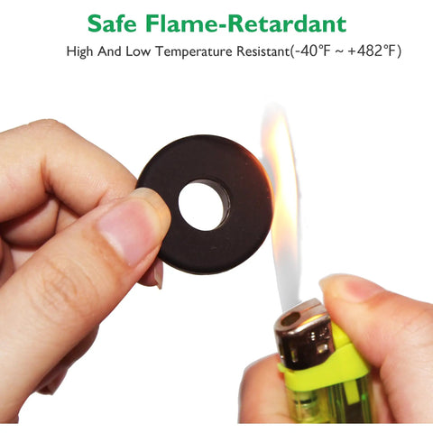 Testing the flame-retardant property of Half Inch Drill Hole Silicone Top Hat Grommets For Wiring And Automotive Firewall Holes Three Eighths Inch ID 0.67 Inch OD 2mm Thick 10 Pack Cable Protector Gasket Seal Ring For Tubing Hydroponics And Irrigation with a lighter.