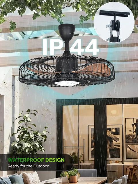 Outdoor 24 Inch Weatherproof Ceiling Fan With Lights For Patio Remote And App Control in pergola setting.
