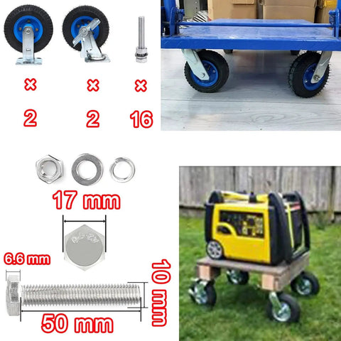 Badass Heavy Duty Industrial Caster Wheels With Two Swivel Brakes And Smooth Roll Solid Eight Or Ten Inch setup for a mobile generator dolly.