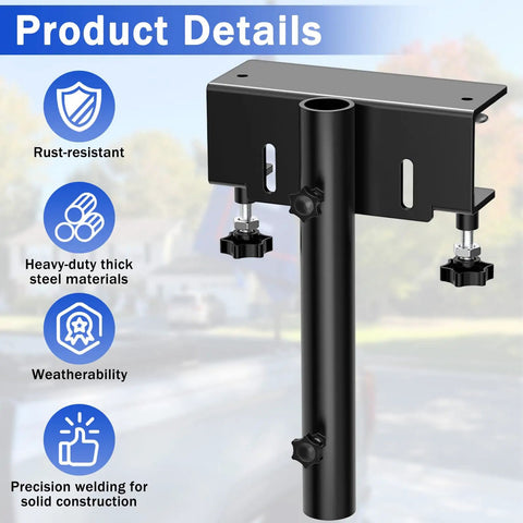 Universal Truck Flag Pole Mount Holder Clamps Poles Up To 1.2 Inches solid black steel mount with knobs for flags.