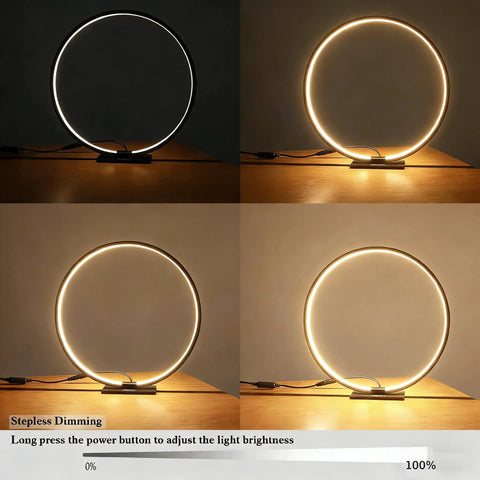 Open Circle LED Table Lamp With Dimmable Touch Control And Warm 3000K Light In Black Nightstand Lamp, dimming demonstration