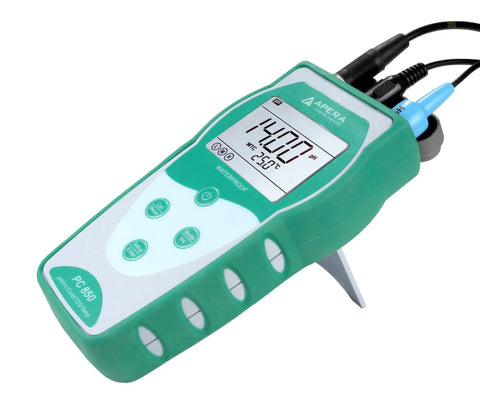 PC850 Portable Handheld pH and Conductivity Multi Parameter Meter Kit with display and rugged casing.