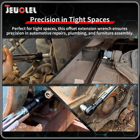 Offset Drill Extension Wrench With Four Socket Adapters And Half Inch Fixed Joint, installed in tight automotive space.