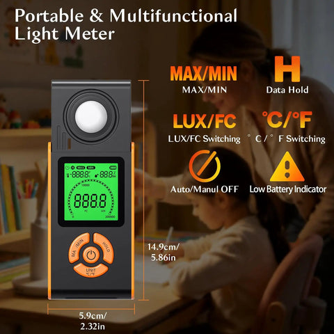 Plant Grow Lux Meter 0 To 200000 Lux, 0 To 20000 FC, 3 Color Backlit LCD, High Precision For Plants, 0.5s Sampling, Stable Readings To Fine Tune Your Grow Lights And Maximize Photosynthesis, front view