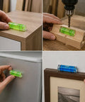Bubble Level Vial, Acrylic Measuring, green cylindrical level on wood, drilling with level in use, checking fridge alignment.