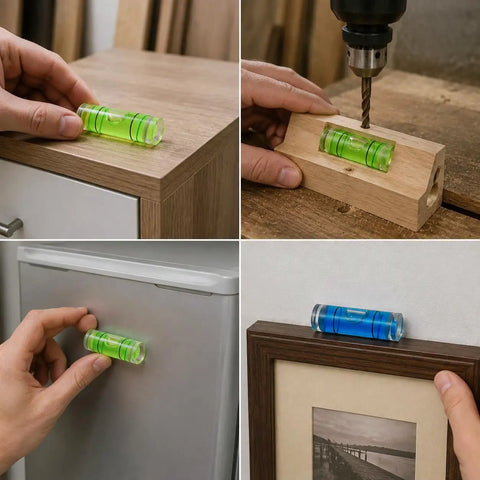 Bubble Level Vial, Acrylic Measuring, green cylindrical level on wood, drilling with level in use, checking fridge alignment.