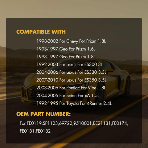 Compatibility chart with car models including Chevy, Geo, Lexus, Pontiac, Scion, Toyota on background with yellow sports car.