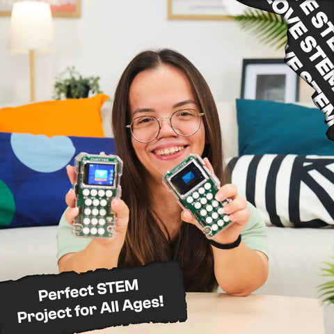 DIY Wireless Encrypted Two Way Communication Kit For Kids And Teens Learn Electronics Coding And Encryption With A Fun STEM Radio Project For Ages Eleven And Up, girl holding two handheld devices