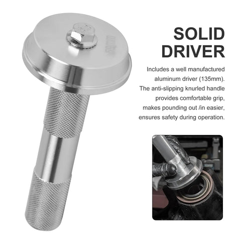Nine Tool Wheel Bearing Race Seal Driver Installer Kit with 135mm aluminum driver, knurled handle shown in use.