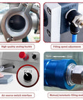 Kickin Performance Pneumatic Bottle Filler Machine With 40L Hopper, detailing sealing buckle, filling speed adjustment, and controls.