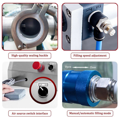 Kickin Performance Pneumatic Bottle Filler Machine With 40L Hopper, detailing sealing buckle, filling speed adjustment, and controls.