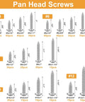 Diagram showing 510 Piece Stainless Steel Wood Screws Kit With 18 Sizes For Everyday DIY Projects, Phillips Pan Head Self Tapping Coarse Thread Screws