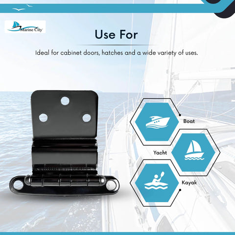 Front view of Marine City 304 stainless steel semi-concealed hinge in black for cabinets and hatches