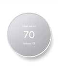 Nest Thermostat Smart Home Thermostat With WiFi Programmable Scheduling And Remote Control For Easy Home Comfort Energy Star Certified Snow Finish Renewed Condition Quick 30 Minute Install Works With Your Heating And Cooling System displaying temperature settings.