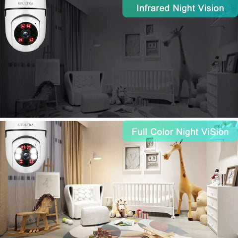 Wireless Security Camera 1080P With PTZ And 360 Degree Panoramic View No Fuss Setup shows infrared and full-color night vision in a nursery.