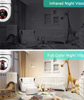 Wireless Security Camera 1080P for E27 Light Bulb Socket showing infrared and full color night vision in a nursery.