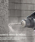 Side view of a carbide-tipped masonry drill bit installed in a rotary hammer drill, drilling into a concrete block.