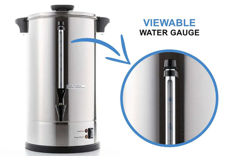 Commercial Grade 50 Cup Percolator Coffee Maker And Hot Water Urn In Stainless Steel 8 Liter For Catering Events with water gauge