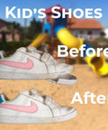 Before and after image of repaired kid's white shoes using Professional Grade Footwear Glue With Instant Bond And Clear Flexible Finish.