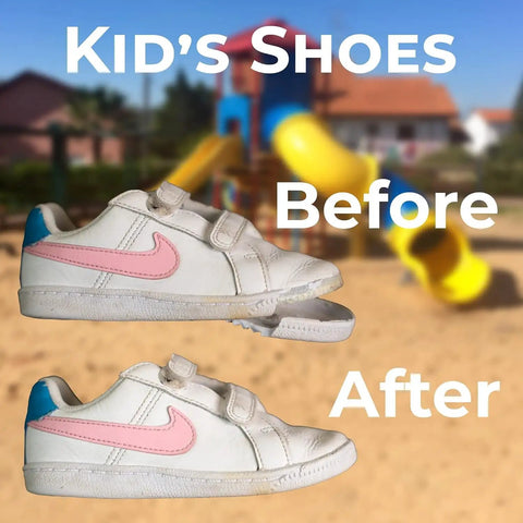 Before and after image of repaired kid's white shoes using Professional Grade Footwear Glue With Instant Bond And Clear Flexible Finish.