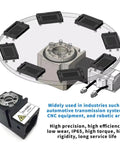 Top Shelf High Precision Rotary Platform Indexing Plate Motor Gearbox For Fourth Fifth And R Axis Cnc Setup Replaces Dd Motor Cam Splitter With 12 Point 7 Mm Input Shaft Handling Beefy Hundred Fifty Kg Payload detailed view of rotary indexing plate with motor gearbox and mounting slots.