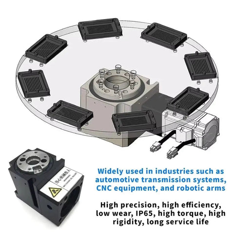 Top Shelf High Precision Rotary Platform Indexing Plate Motor Gearbox For Fourth Fifth And R Axis Cnc Setup Replaces Dd Motor Cam Splitter With 12 Point 7 Mm Input Shaft Handling Beefy Hundred Fifty Kg Payload detailed view of rotary indexing plate with motor gearbox and mounting slots.