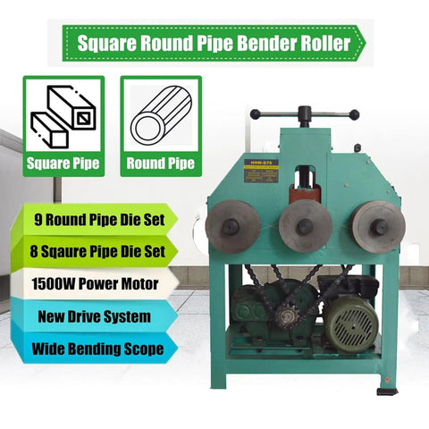 Yokoma 1500W Electric Pipe Bender Machine With 9 Round Dies And 8 Square Die Sets, showcasing the machine structure and motor components.