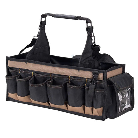 Electrical And Maintenance Tool Carrier With 43 Pockets, Two Window Pockets, Durable Black Gear Tote, Open-Top View