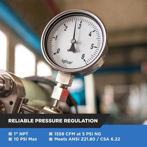 Close-up of Natural Gas Regulator NGR02 10 By NMT 1 Inch NPT, dial gauge, reliable pressure regulation, ANSI Z21.80, CSA 6.22