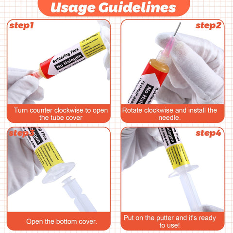 No Clean Solder Flux Paste Kit 4 Pack With 10ml Tubes Soldering Flux Syringe For Electronics Repair And Desoldering usage steps