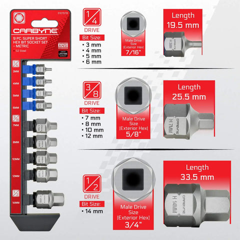 Nine Piece Metric Stubby Hex Socket Set With Low Profile Bits 3Mm To 14Mm S2 Steel Dual Drive for cramped engine bays