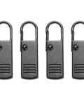 Zipper Pull Replacement Kit Four Pcs Detachable Metal Zipper Tabs For Luggage Backpacks And Suitcases Gun Black Easy Install Repair Handle Extension For Quick Fix No Sewing Required, showing front view of gun-black metal zipper tabs enhanced with easy-to-use clips.