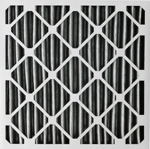 Close-up of 20x20x4 Pleated Air Filter MERV 12 Plus Carbon 2 Pack showing pleated design for HVAC odor control and allergy reduction.