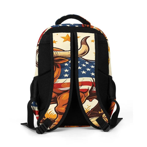 Back view of Farmland Patriotic Bull Print Unisex Backpack Large Capacity Durable Polyester Daypack With Breathable Fabric