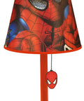 Spider-Man Kids Table Lamp With Double Shade And Pull Chain Colorful Spidey Night Light For Bedroom Playroom Or Study Desk Kid Friendly Decor That Pops, featuring a red metal base and Spidey graphic shade.