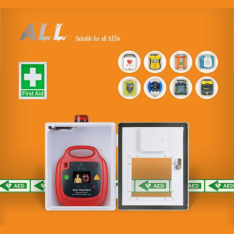 AED first-aid cabinet with alarm and key; white enclosure containing a red AED trainer device.