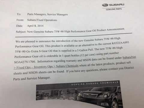 Subaru 75W-90 Gear Oil product announcement letter for manual transmissions, detailing Genuine OEM High Performance Gear Oil release.