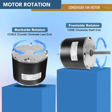 Air Conditioner Motor Replacement For Residential Units 208 To 230 Volt Quarter Horsepower Energy Efficient Low Noise Includes A 5 Microfarad Capacitor Clockwise Rotation And A Half Inch Solid Steel Shaft Ready For No Fuss Install showing front and back view with rotation arrows