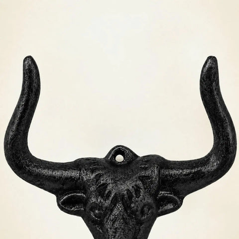 Built Tough 4 Pack Western Bull Horn Hat Hooks In Matte Black Cast Iron Wall Rack close-up of bull horn detail.