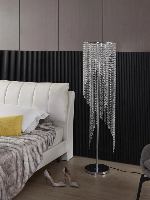 Crystal Floor Lamp With Rainfall Sparkle, Modern Lava Style Light in bedroom, silver chrome finish beside bed