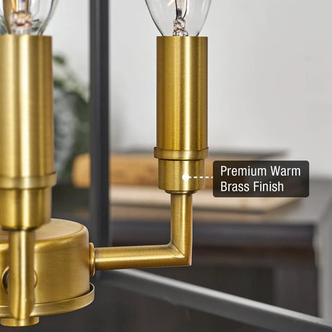 Close-up of candlestick socket with premium warm brass finish, part of 16 Inch 4 Light Modern Black Lantern Pendant Light With Warm Brass Accents Dope Geometric Metal Cage Chandelier Industrial Farmhouse Style