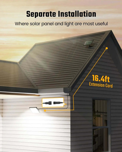 Diagram of Solar Outdoor Motion Lights With 113 LEDs 7000K Cool White Flood, 16ft cable installed on a house roof's edge