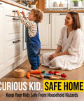 Child playing near cabinets secured with No Drill Needed Cabinet Locks For Baby Proofing 10 Pack Invisible Adhesive Drawer And Cabinet Latches White
