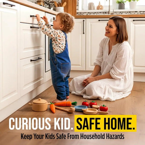 Child playing near cabinets secured with No Drill Needed Cabinet Locks For Baby Proofing 10 Pack Invisible Adhesive Drawer And Cabinet Latches White