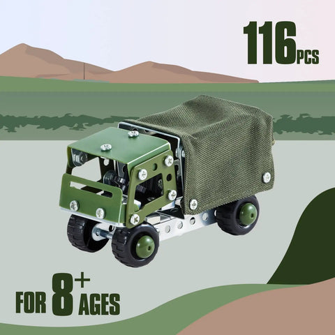 Hands On Military Truck STEM Building Toy Set For Boys Ages Eight To Twelve Metal Army Vehicle Model Kit shown with 116 pieces