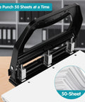 Beefed Up Heavy Duty 3 Hole Puncher For Binders With 9 By 32 Inch Holes, 50 Sheet Capacity on desk, side view, all metal construction