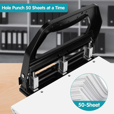 Beefed Up Heavy Duty 3 Hole Puncher For Binders With 9 By 32 Inch Holes, 50 Sheet Capacity on desk, side view, all metal construction